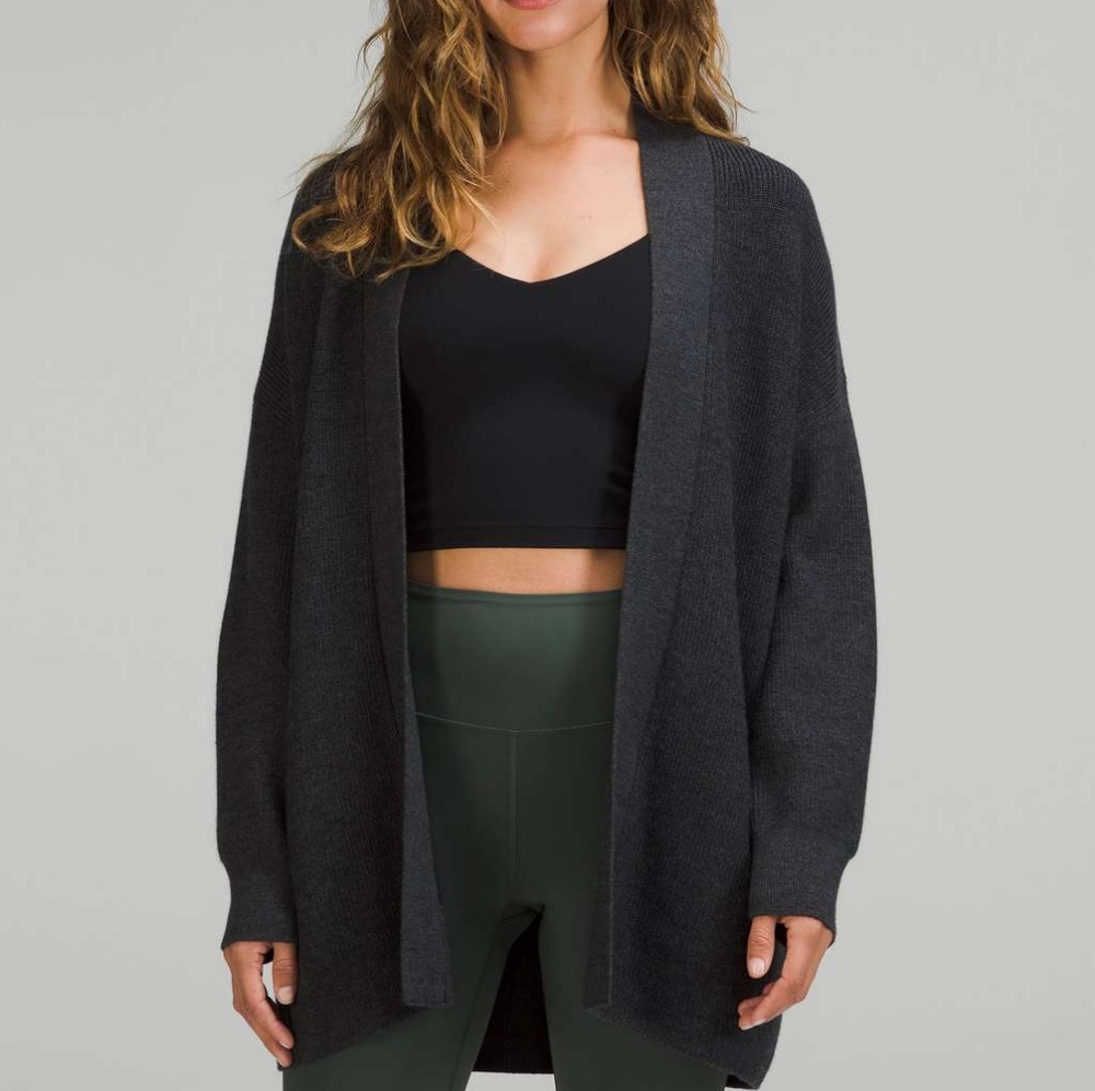 LULULEMON Merino Wool-Blend Ribbed Long Wrap Sweater Heathered Black Size 14